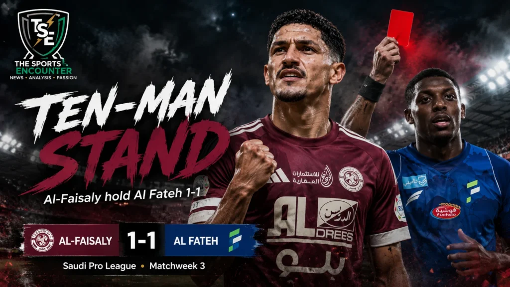 Al-Faisaly and Al Fateh players in action during their 1-1 Saudi Pro League draw, with 10-man Al-Faisaly holding on for their first point of the season.