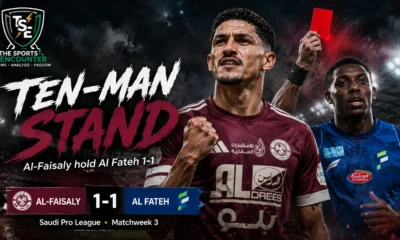 Al-Faisaly and Al Fateh players in action during their 1-1 Saudi Pro League draw, with 10-man Al-Faisaly holding on for their first point of the season.