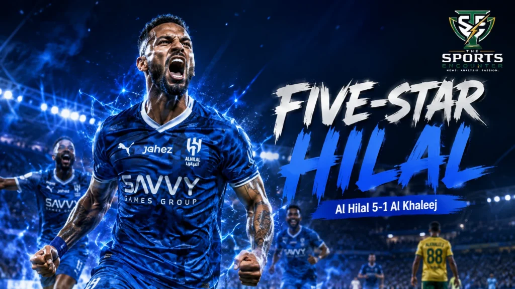 Al Hilal players celebrate during their 5-1 Saudi Pro League victory over Al Khaleej in Dammam.