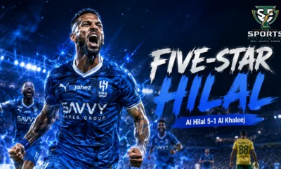 Al Hilal players celebrate during their 5-1 Saudi Pro League victory over Al Khaleej in Dammam.