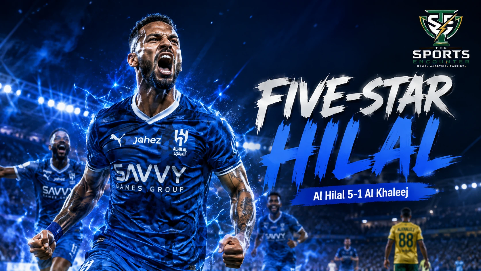 Al Hilal players celebrate during their 5-1 Saudi Pro League victory over Al Khaleej in Dammam.