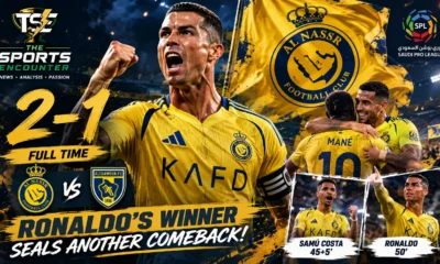 Cristiano Ronaldo celebrates after scoring the winning goal in Al Nassr’s 2-1 comeback victory over Al Taawoun in the Saudi Pro League.