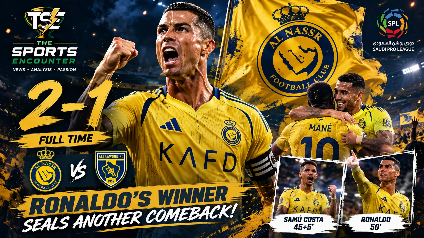 Cristiano Ronaldo celebrates after scoring the winning goal in Al Nassr’s 2-1 comeback victory over Al Taawoun in the Saudi Pro League.