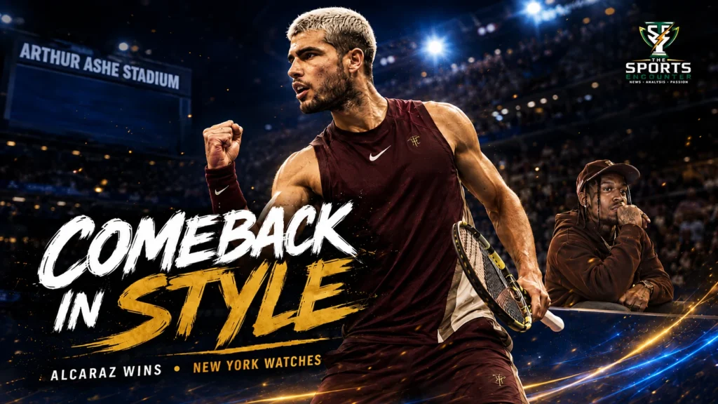 Carlos Alcaraz celebrates during his US Open 2026 first-round win over Roman Safiullin while wearing a Travis Scott x Nike Cactus Jack tennis outfit.