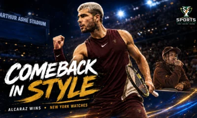Carlos Alcaraz celebrates during his US Open 2026 first-round win over Roman Safiullin while wearing a Travis Scott x Nike Cactus Jack tennis outfit.