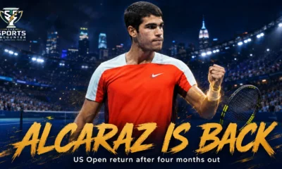 Carlos Alcaraz in a cinematic US Open setting as the defending champion prepares to return from a four-month wrist injury layoff in New York.
