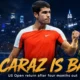 Carlos Alcaraz in a cinematic US Open setting as the defending champion prepares to return from a four-month wrist injury layoff in New York.