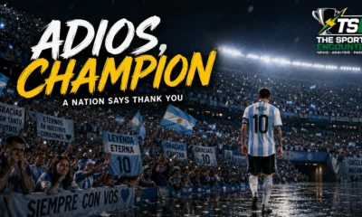 Lionel Messi walks away from a rain-soaked stadium as emotional Argentina fans salute their retiring captain with flags and farewell tributes.