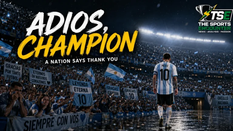 Lionel Messi walks away from a rain-soaked stadium as emotional Argentina fans salute their retiring captain with flags and farewell tributes.