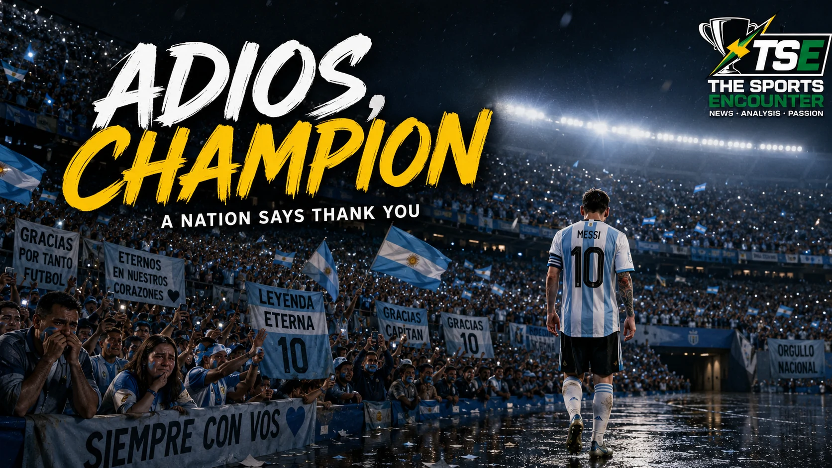 Lionel Messi walks away from a rain-soaked stadium as emotional Argentina fans salute their retiring captain with flags and farewell tributes.