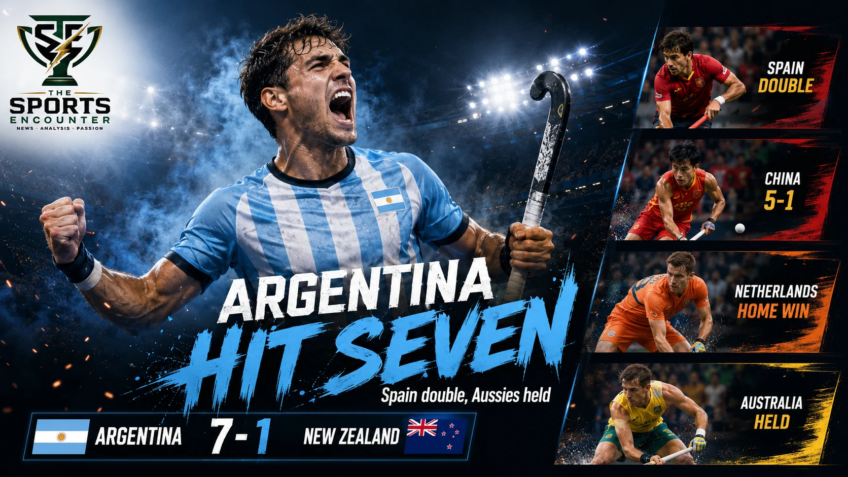 Argentina, Spain, Netherlands, Belgium and other teams featured in a cinematic FIH Hockey World Cup 2026 August 20 wrap highlighting Argentina’s 7-1 win and the day’s major results.