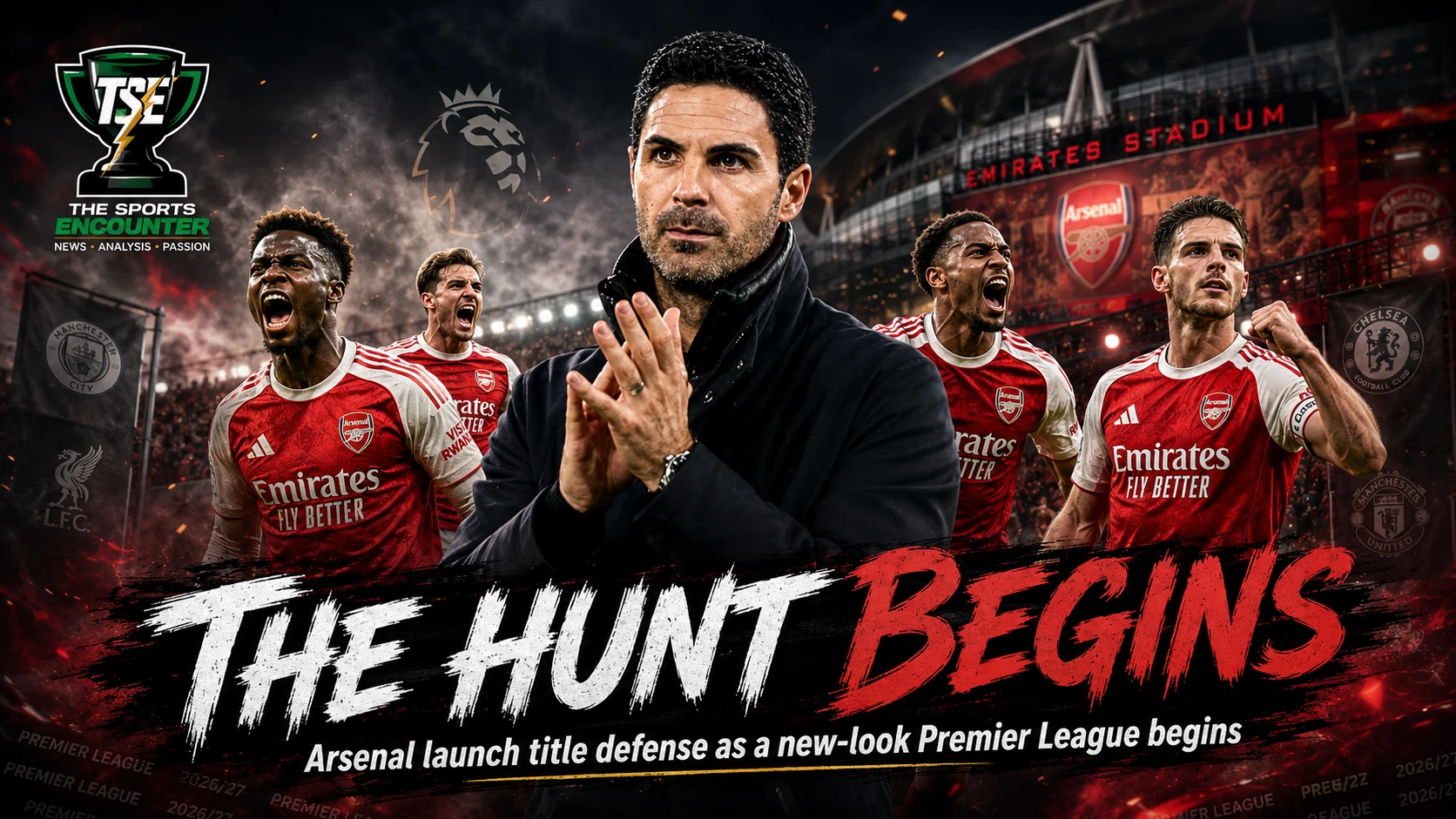 Arsenal celebrate as defending Premier League champions while Manchester City, Liverpool, Manchester United and Chelsea enter a new-look 2026-27 season.