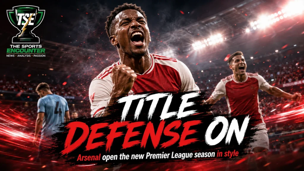 Arsenal players celebrate during their 3-0 Premier League victory over Coventry City as the defending champions open the 2026-27 season with a dominant win.