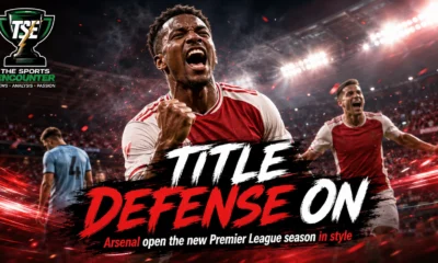 Arsenal players celebrate during their 3-0 Premier League victory over Coventry City as the defending champions open the 2026-27 season with a dominant win.