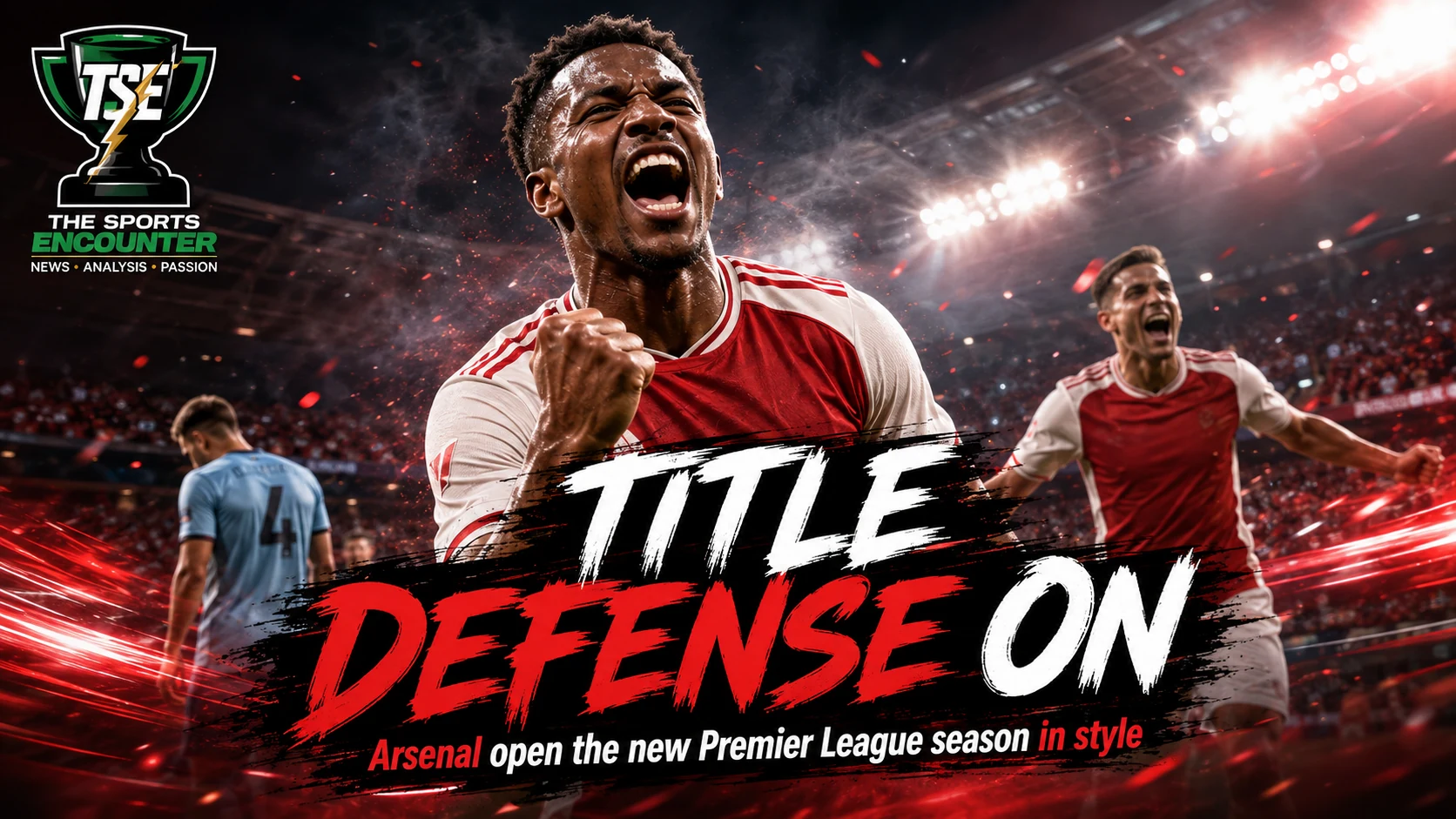 Arsenal players celebrate during their 3-0 Premier League victory over Coventry City as the defending champions open the 2026-27 season with a dominant win.