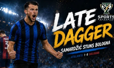 Lazar Samardžić celebrates after scoring Atalanta’s 96th-minute winner in a 1-0 Serie A victory over Bologna in Bergamo.
