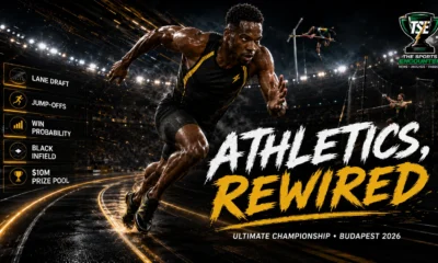 Elite track and field athletes in a cinematic Budapest stadium setting highlighting the World Athletics Ultimate Championship’s new lane draft, jump-off and broadcast innovations.