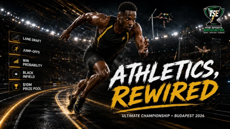 Elite track and field athletes in a cinematic Budapest stadium setting highlighting the World Athletics Ultimate Championship’s new lane draft, jump-off and broadcast innovations.