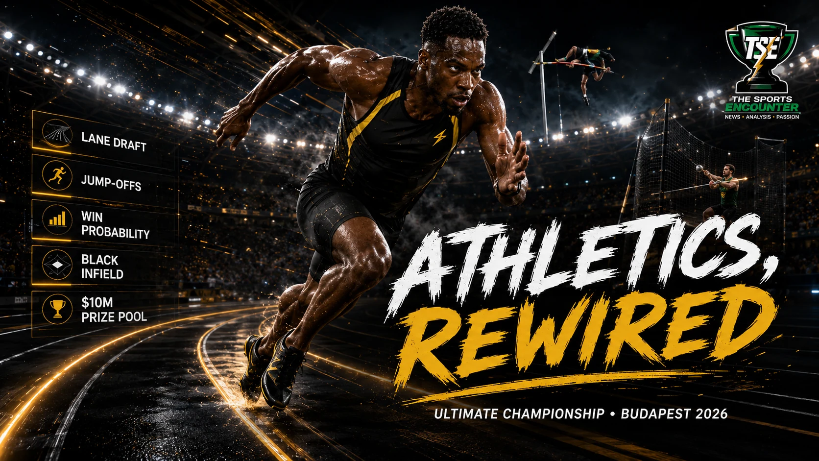 Elite track and field athletes in a cinematic Budapest stadium setting highlighting the World Athletics Ultimate Championship’s new lane draft, jump-off and broadcast innovations.