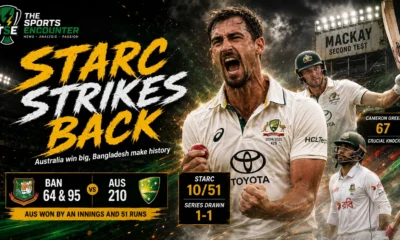 Mitchell Starc celebrates during Australia’s innings-and-51-run win over Bangladesh in the second Test at Mackay as the two-match series ends in a historic 1-1 draw.