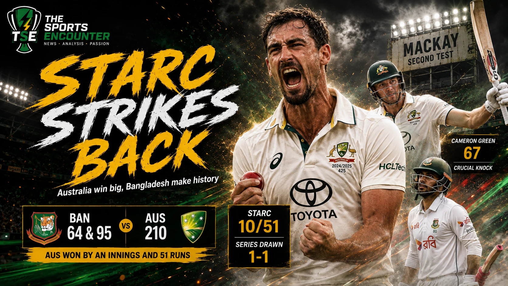 Mitchell Starc celebrates during Australia’s innings-and-51-run win over Bangladesh in the second Test at Mackay as the two-match series ends in a historic 1-1 draw.