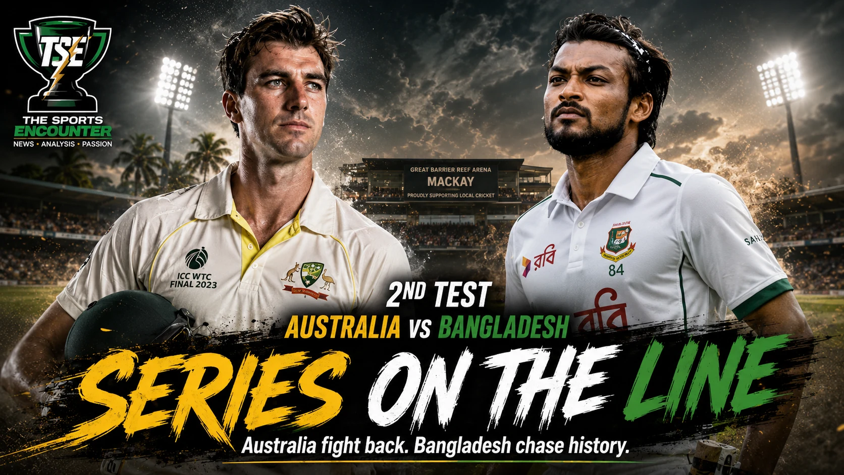 Australia and Bangladesh players face off in a cinematic Mackay Test setting as the hosts try to level the series and Bangladesh chase a historic series victory.