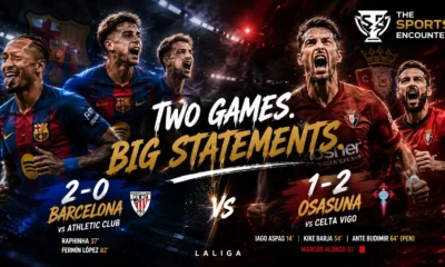 Barcelona players celebrate a dominant 2-0 win over Athletic Club as Osasuna complete a 2-1 comeback against Celta in LaLiga.