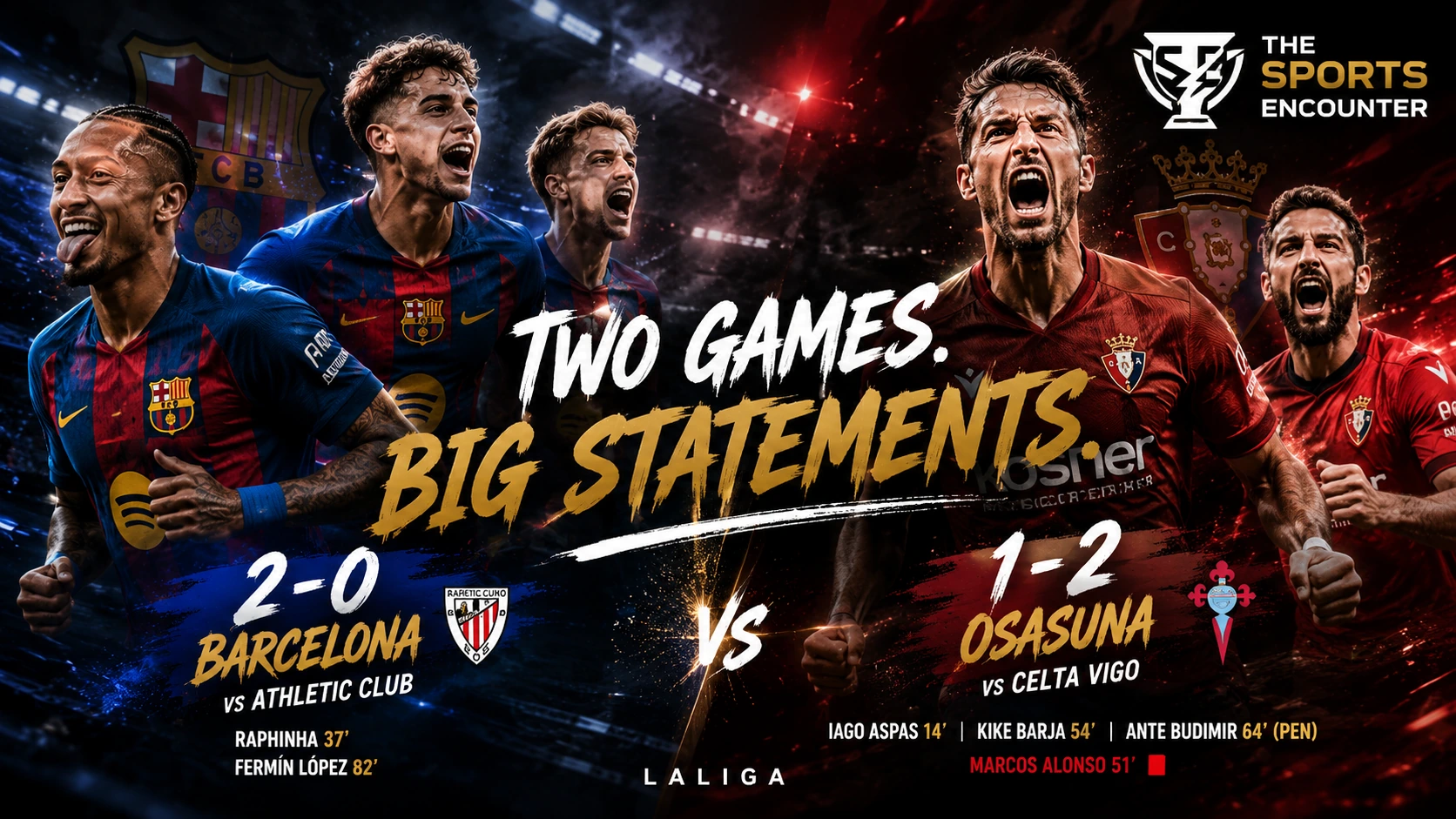 Barcelona players celebrate a dominant 2-0 win over Athletic Club as Osasuna complete a 2-1 comeback against Celta in LaLiga.