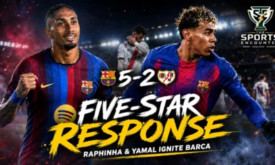 Raphinha and Lamine Yamal celebrate during Barcelona’s 5-2 La Liga victory over Rayo Vallecano at the Camp Nou.