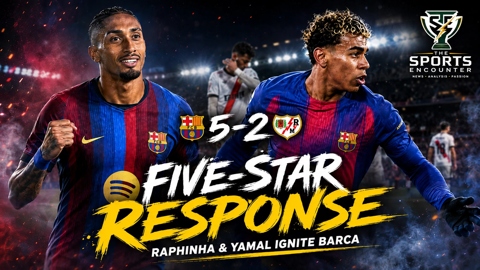 Raphinha and Lamine Yamal celebrate during Barcelona’s 5-2 La Liga victory over Rayo Vallecano at the Camp Nou.