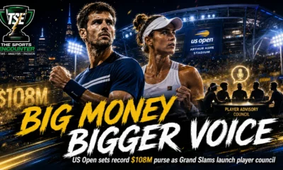 Arthur Ashe Stadium and leading tennis players featured in a cinematic US Open 2026 visual highlighting the record $108 million prize purse and new Grand Slam Player Advisory Council.