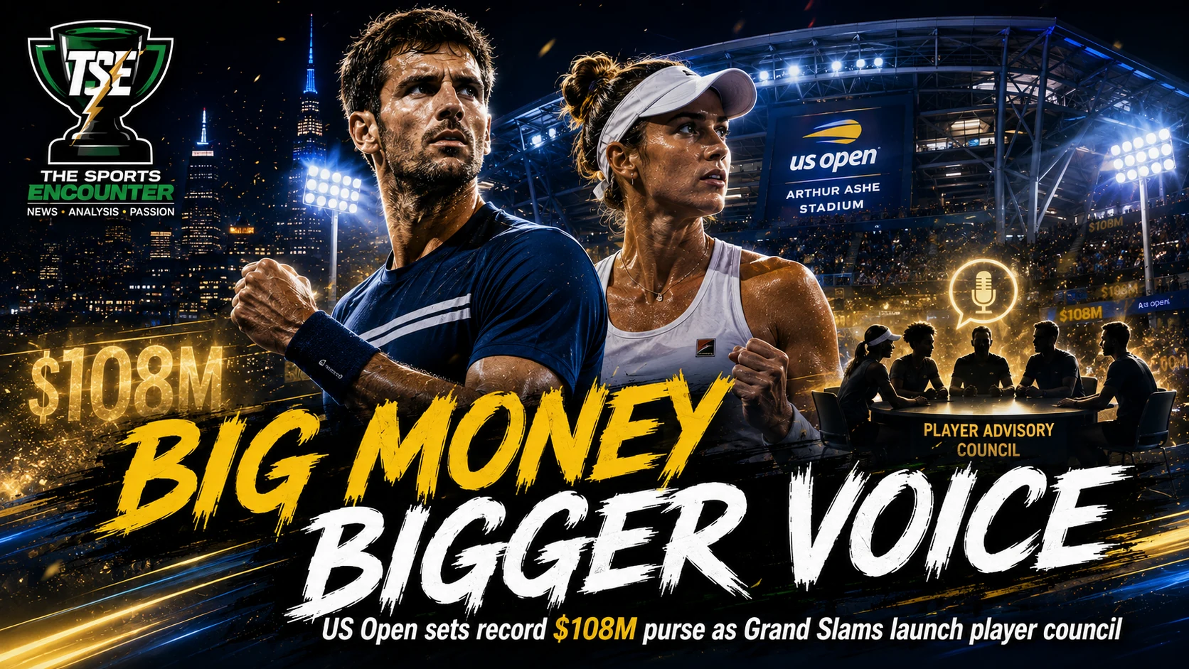 Arthur Ashe Stadium and leading tennis players featured in a cinematic US Open 2026 visual highlighting the record $108 million prize purse and new Grand Slam Player Advisory Council.