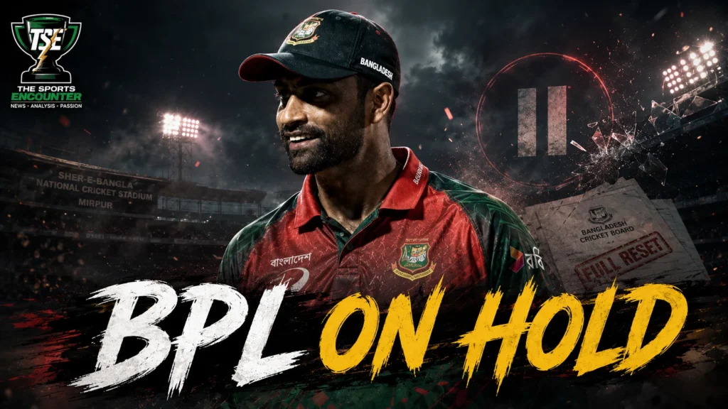 Tamim Iqbal and Bangladesh Premier League imagery in a cinematic cricket setting as the BCB pauses the BPL for a full governance and financial reset.