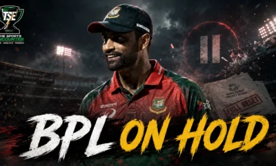 Tamim Iqbal and Bangladesh Premier League imagery in a cinematic cricket setting as the BCB pauses the BPL for a full governance and financial reset.