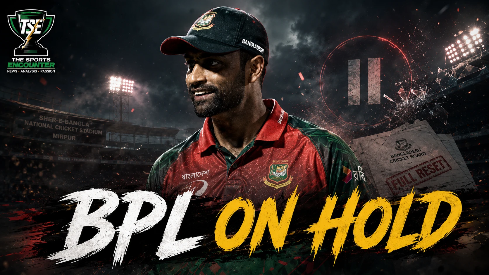 Tamim Iqbal and Bangladesh Premier League imagery in a cinematic cricket setting as the BCB pauses the BPL for a full governance and financial reset.