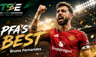 Bruno Fernandes celebrates for Manchester United after winning the 2026 PFA Players’ Player of the Year following his record-breaking 21-assist Premier League season.