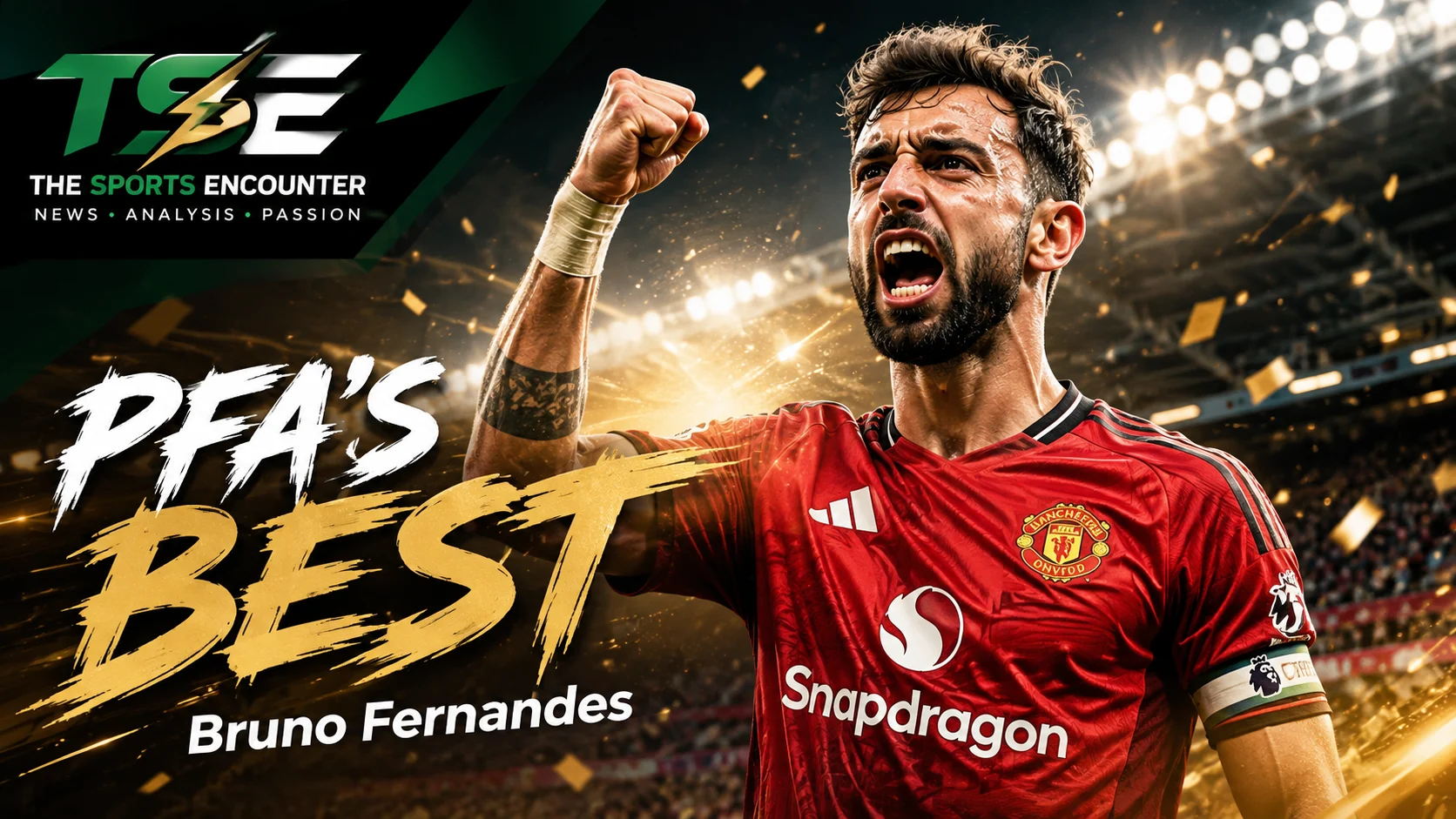 Bruno Fernandes celebrates for Manchester United after winning the 2026 PFA Players’ Player of the Year following his record-breaking 21-assist Premier League season.