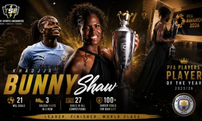 Khadija “Bunny” Shaw celebrates after winning the 2025/26 PFA Women’s Players’ Player of the Year award following a record-breaking Manchester City season.