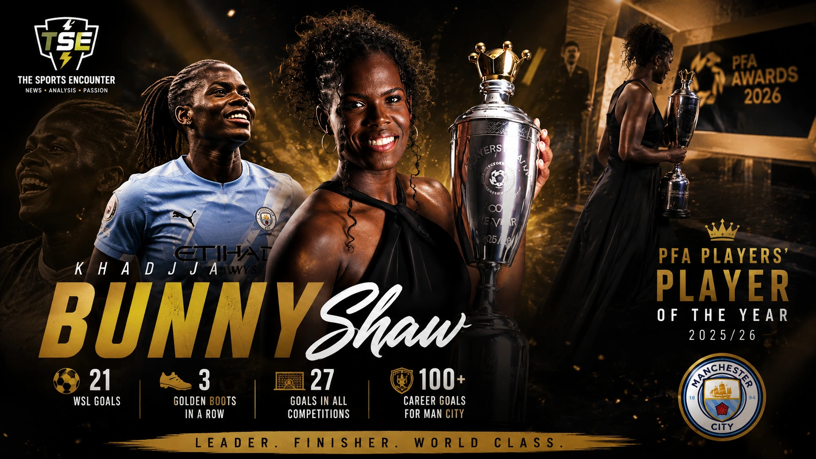 Khadija “Bunny” Shaw celebrates after winning the 2025/26 PFA Women’s Players’ Player of the Year award following a record-breaking Manchester City season.