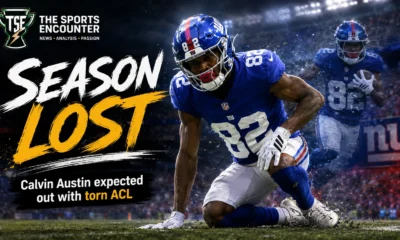 New York Giants receiver Calvin Austin III during 2026 training camp before a reported right ACL tear ended his season.