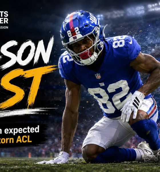 New York Giants receiver Calvin Austin III during 2026 training camp before a reported right ACL tear ended his season.