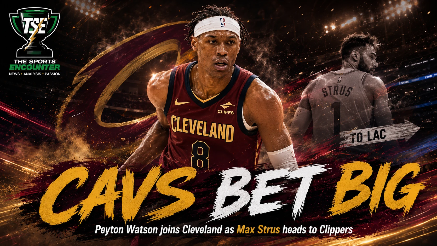 Peyton Watson in a cinematic Cleveland Cavaliers setting as Cleveland adds the young two-way wing in a reported $88 million deal to strengthen its championship roster.