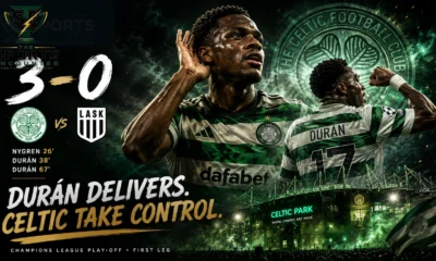 Celtic celebrate a 3-0 Champions League playoff win over LASK as Camilo Durán scores twice at Celtic Park.