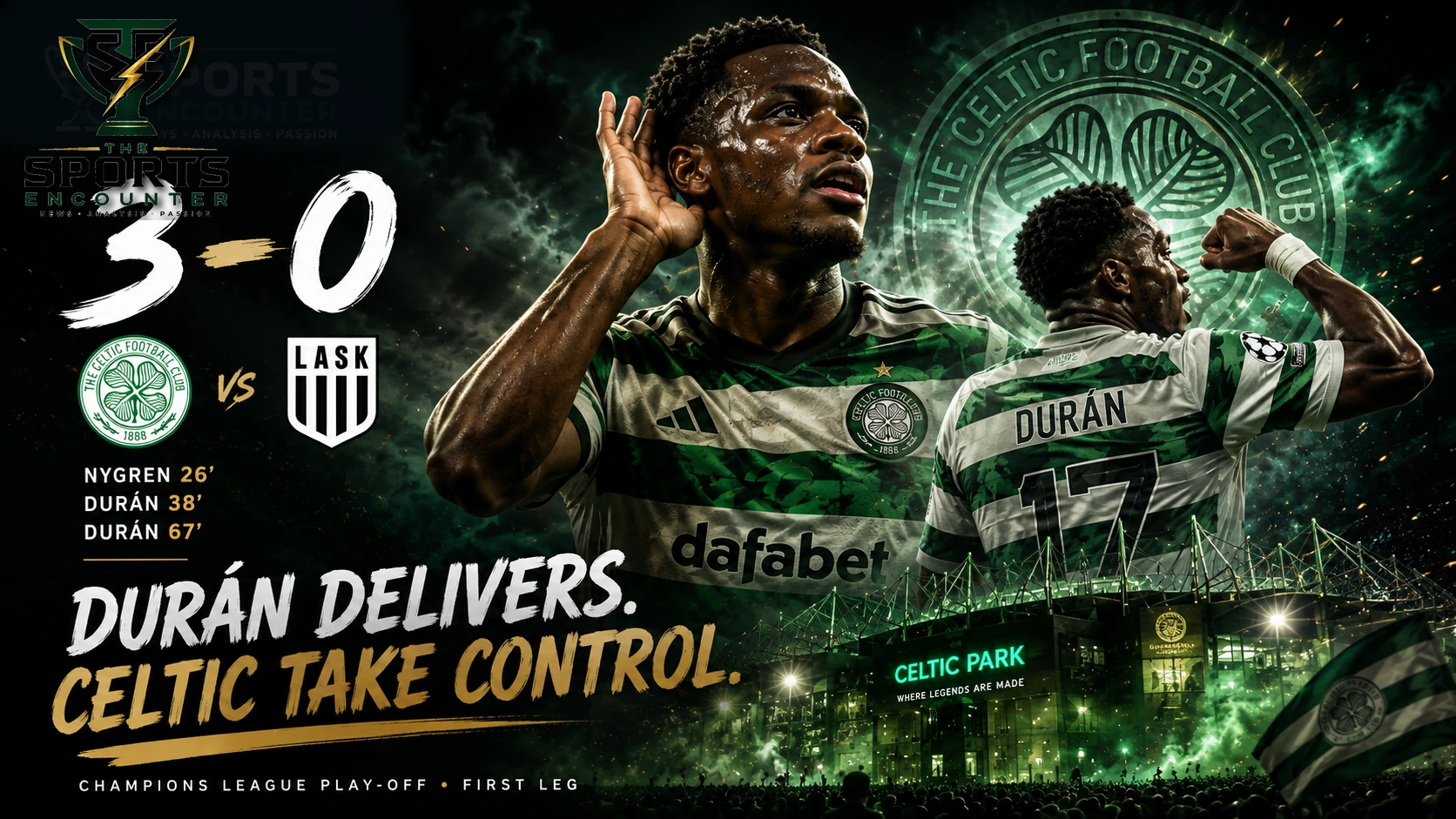 Celtic celebrate a 3-0 Champions League playoff win over LASK as Camilo Durán scores twice at Celtic Park.
