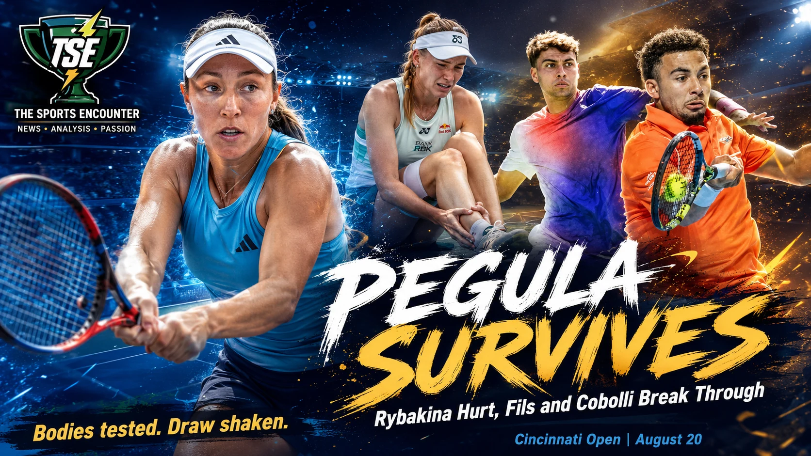 Jessica Pegula, Elena Rybakina, Arthur Fils and Flavio Cobolli representing the key storylines from the Cincinnati Open August 20, 2026 quarterfinal action.