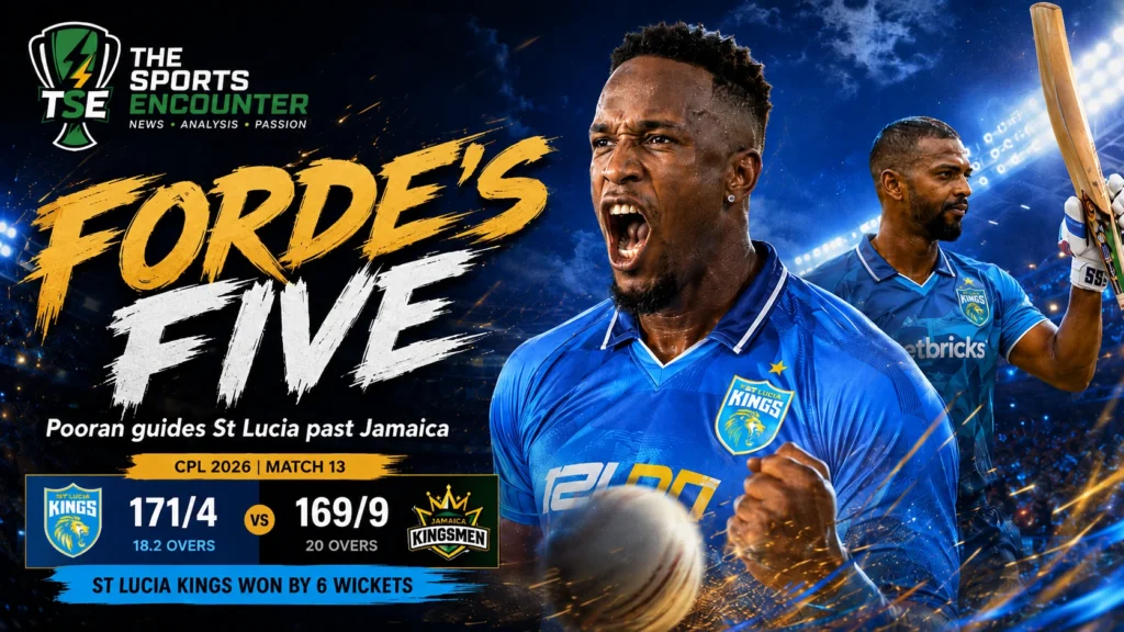 Matthew Forde celebrates during St Lucia Kings’ CPL 2026 Match 13 victory over Jamaica Kingsmen after taking five wickets.