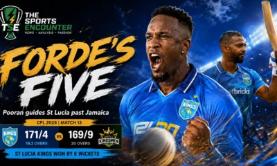 Matthew Forde celebrates during St Lucia Kings’ CPL 2026 Match 13 victory over Jamaica Kingsmen after taking five wickets.