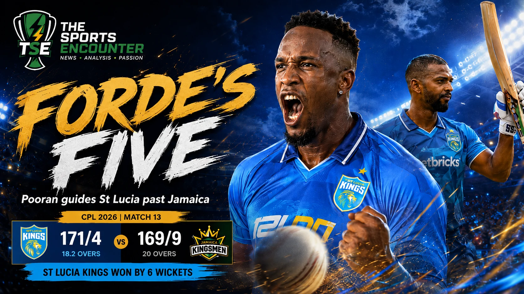 Matthew Forde celebrates during St Lucia Kings’ CPL 2026 Match 13 victory over Jamaica Kingsmen after taking five wickets.