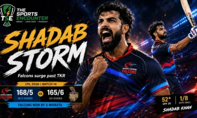 Shadab Khan celebrates after scoring an unbeaten 52 and helping Antigua and Barbuda Falcons defeat Trinbago Knight Riders in CPL 2026 Match 14.
