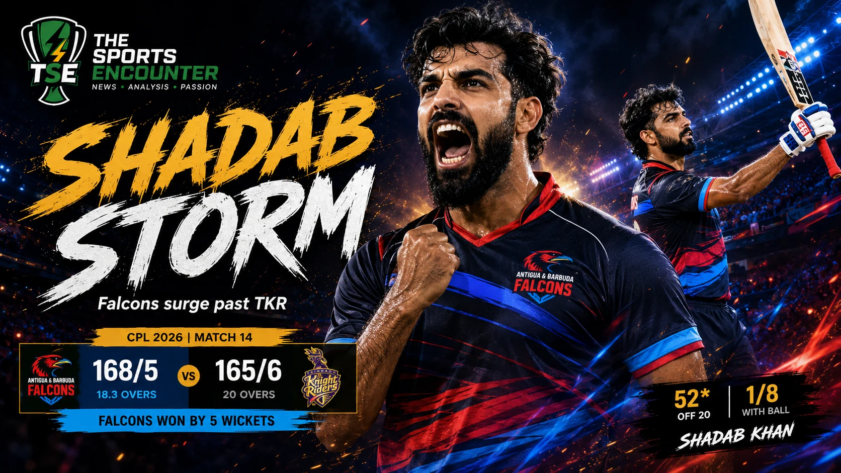 Shadab Khan celebrates after scoring an unbeaten 52 and helping Antigua and Barbuda Falcons defeat Trinbago Knight Riders in CPL 2026 Match 14.